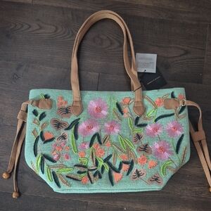 Floral Embroidered Tote Bag by America & Beyond with beads.  Green & tan.